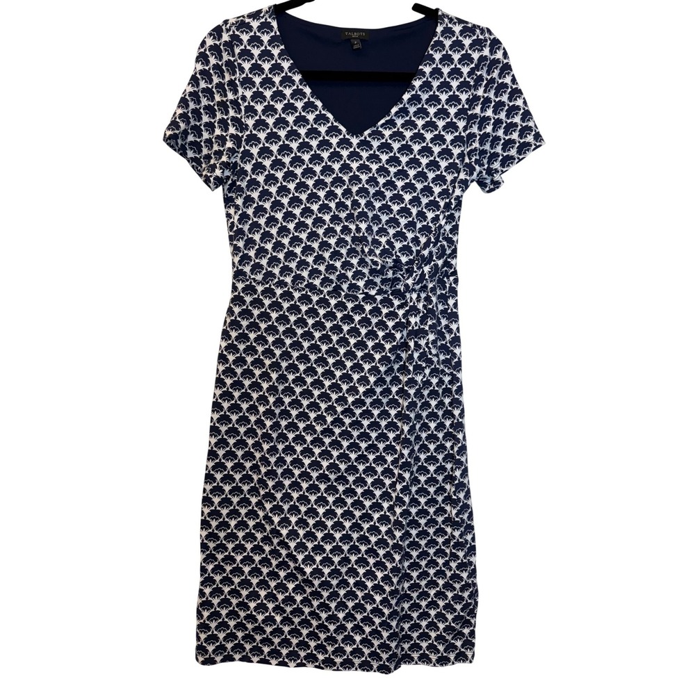 Talbots Petite XS Navy White Faux Wrap Dress Short Sleeve V‎ Neck Knee Length